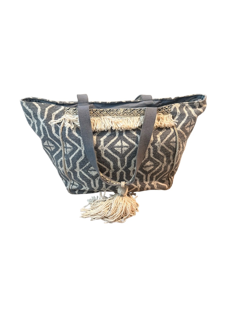 Mary Frances Gray and Cream Geometric Fringe Tote